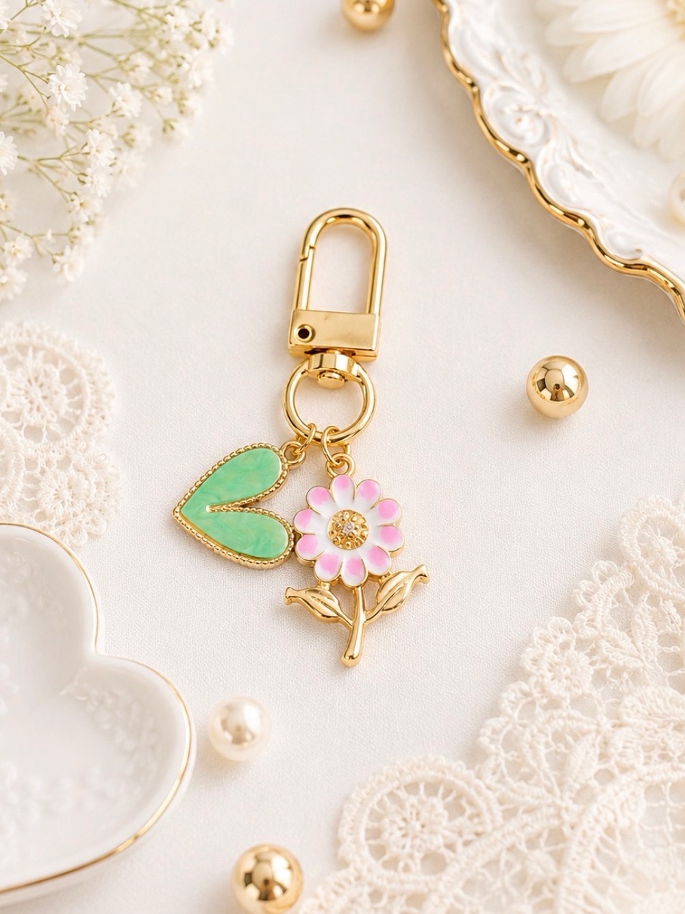 Bag Charm-Pink Enamel Flower With Mint Green Enamel Heart-Gold Hardware-NWOT